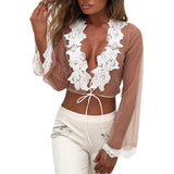 Hollow Out Lace Embroidered Blouse Women Sexy V-Neck Mesh Short Coat Long Sleeve Tops Shirt blusas mujer