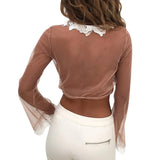 Hollow Out Lace Embroidered Blouse Women Sexy V-Neck Mesh Short Coat Long Sleeve Tops Shirt blusas mujer